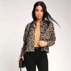 Lulus Fashionably Fierce Beige Leopard Print Denim Jean Jacket Size Small NEW